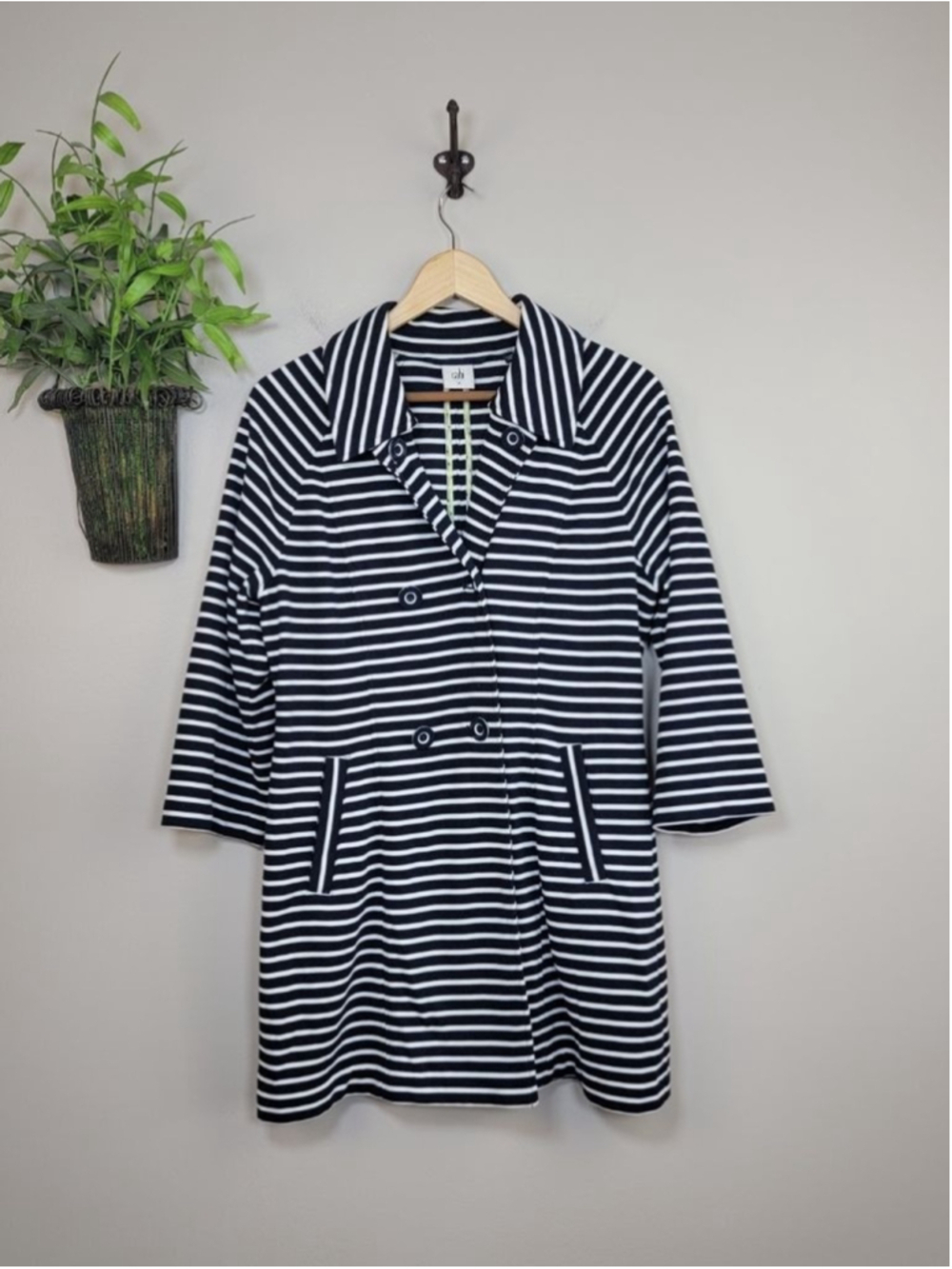 CAbi #5151 Maritime Knit Navy White Striped Trench Coat Nautical Jacket M Modern